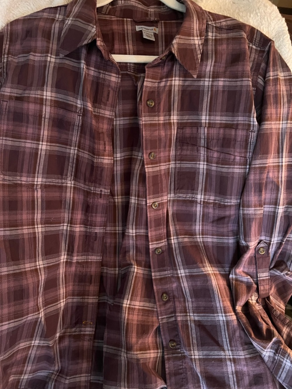 Carhartt Women’s Button-Up Shirt in purple and White